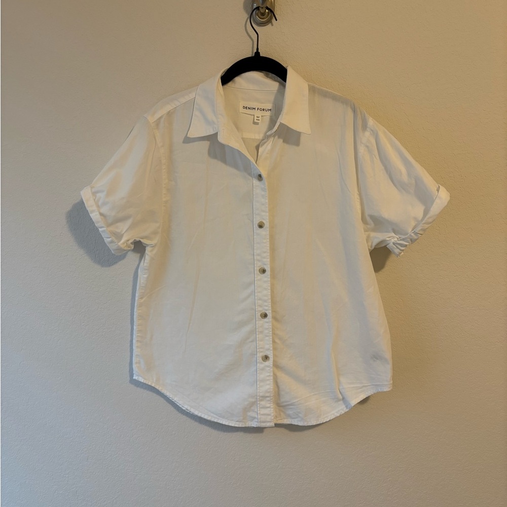 Aritzia Denim Forum 100% Cotton Jane short sleeve Oversized White button - Picture 2 of 6